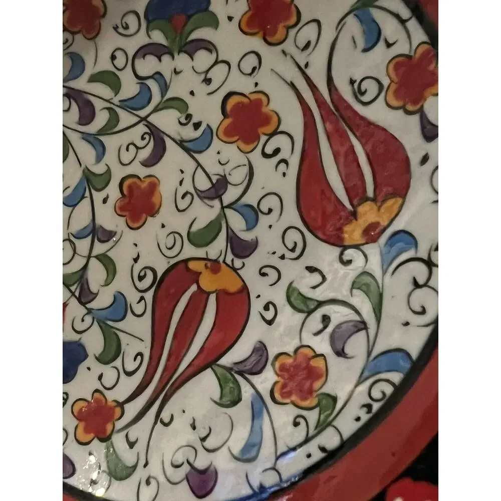 Handmade Painted Ceramic Turkish Bowl Glazed Flowers Colorful Raised Hearts